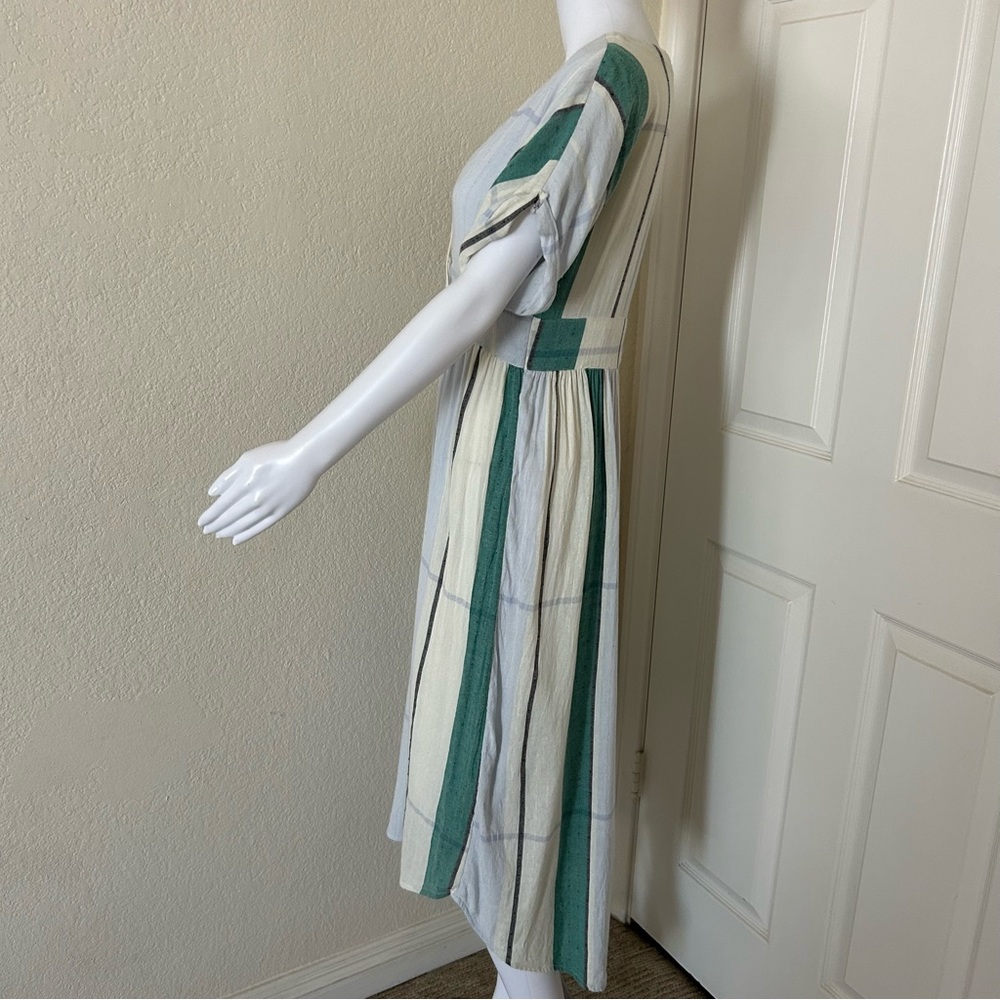 Oneill Reid Multi Striped White Green Button Up Plunge V-Neck Midi Dress Small - Picture 3 of 15
